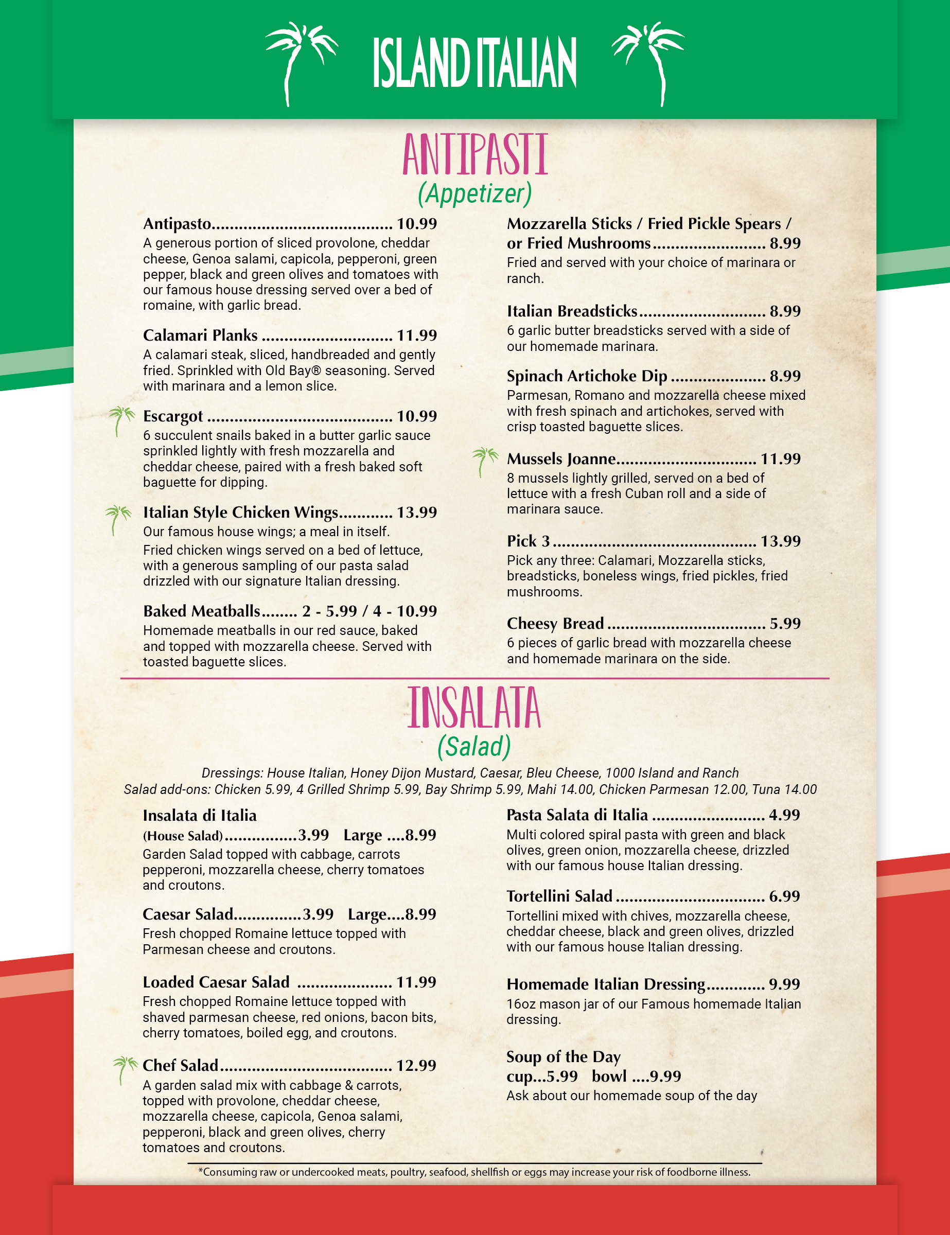 Island Italian Restaurant Dinner Menu in Corpus Christi, Texas.